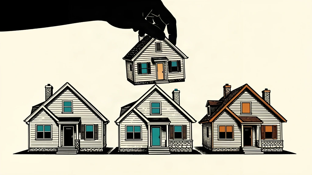 An editorial illustration showing a row of houses where one house is being lifted slightly higher than the others by a large hand.