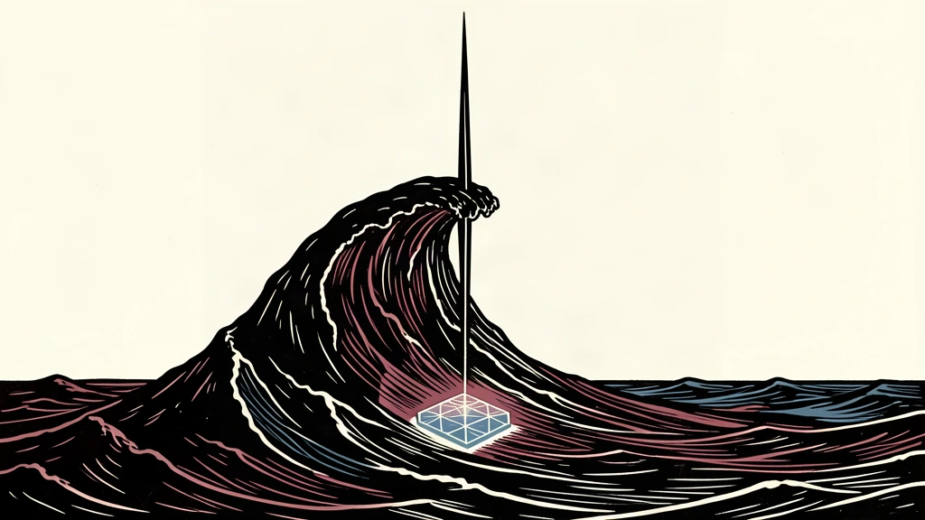 An editorial illustration showing a turbulent fluid wave sharpening into a single vertical point, representing the solution to a complex mathematical problem.