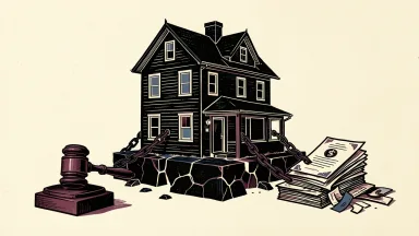 Better Home & Finance facing a securities class action: a house silhouette strained by a gavel and a pile of documents.
