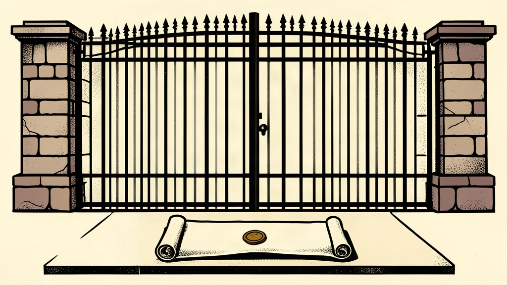 A linocut illustration of a closed iron gate and a rolled parchment scroll on a stone surface, symbolizing a diplomatic memorandum and a restricted area.