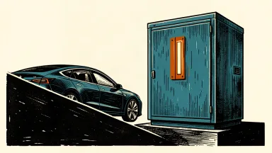 An industrial energy storage unit stands tall while an electric car dips below a diagonal horizon line.