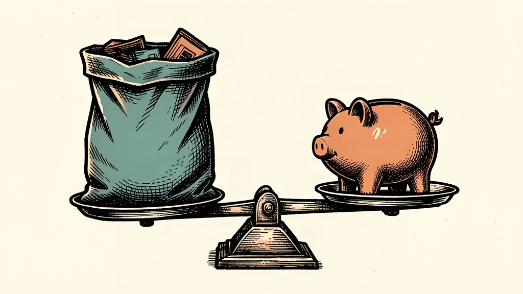 An editorial illustration showing a grocery bag outweighing a piggy bank on a balance scale, representing the depletion of savings for routine costs.