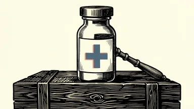 Halozyme wins injunction against Merck: a pharmaceutical vial is blocked by a heavy wooden barrier and a legal gavel.