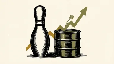 UK market roundup: a bowling pin, an oil barrel, and a consumer goods bottle arranged near a rising financial chart line.