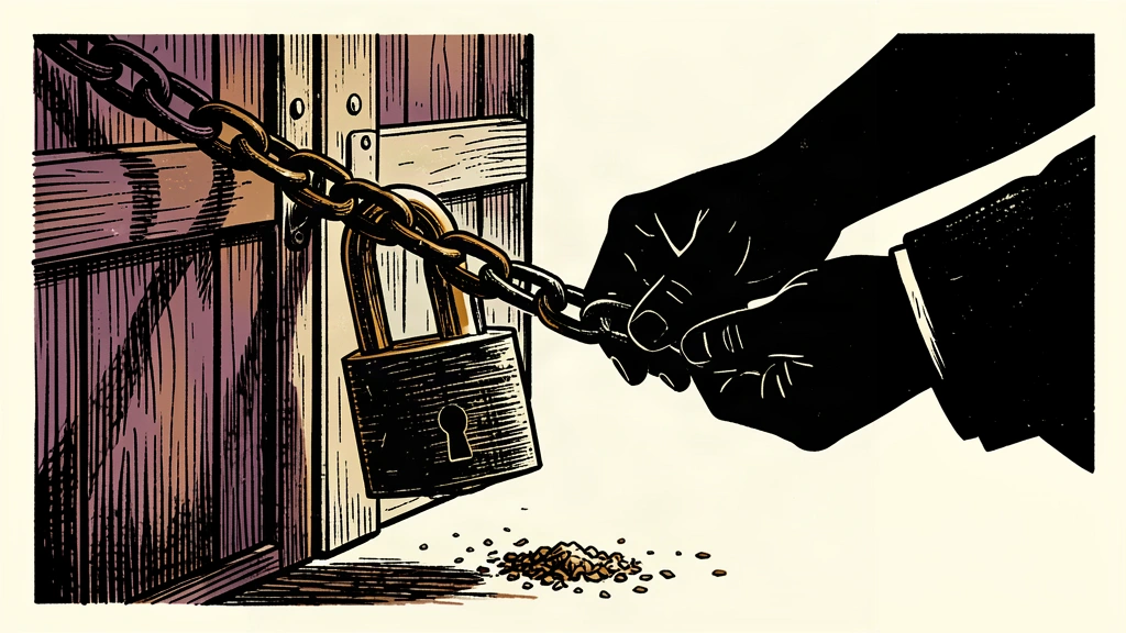 A conceptual illustration of a sabotage plot showing a silhouetted figure filing through a heavy chain on a locked door.