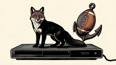 Fox's acquisition of Roku secures its NFL future: a fox silhouette sits on a streaming device while a football is anchored in place.
