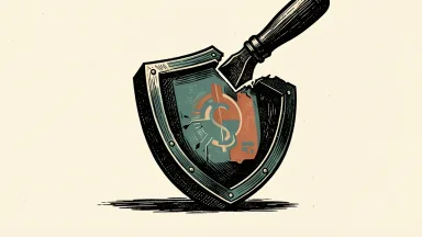 Gen Digital price target lowered by RBC Capital: a large digital shield with a small section being carved away by a heavy analyst's chisel.