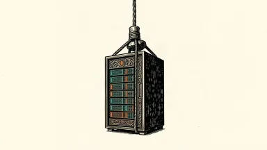 Oracle credit market concerns: a heavy server rack is pulled downward by a massive stone weight on a taut cable.