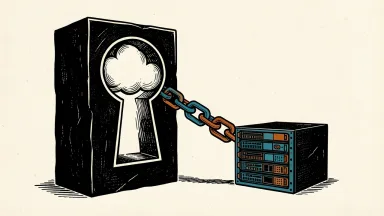 SailPoint identity security modernization: a keyhole in a monolith reveals a cloud, connected by geometric links to a server rack.