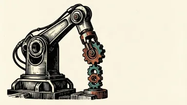 Rockwell Automation leadership transition: a robotic arm precisely slots a new gear into an industrial assembly.