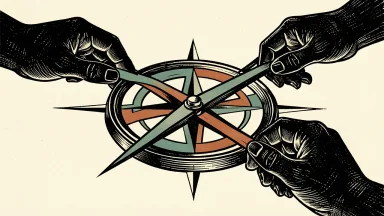 TransUnion appoints a new strategy chief: anonymous hands pivot a large compass needle toward a new path to represent corporate development.