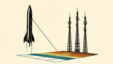 SpaceX spectrum acquisition impacts telecom competitors: a spacecraft ascends beside three telecommunications towers.