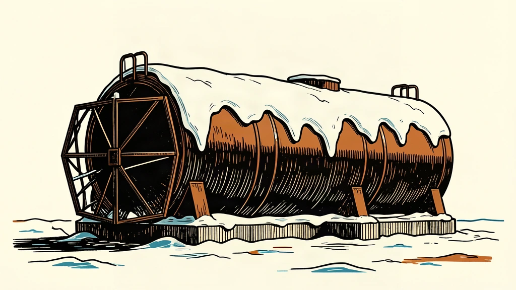 An editorial illustration of a large oil storage tank partially covered in snow, being squeezed by a dark barrier to represent market tightening.