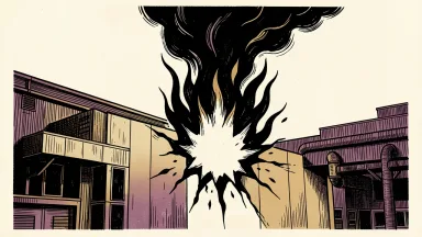 An explosion and fire at an electronics factory: stylized flames and smoke emerge from a rupture in a generic industrial building.