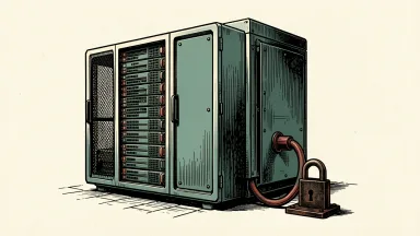 Webull technology tied to Chinese government: a heavy server rack is tethered to the floor by a thick industrial cable and a large iron lock.