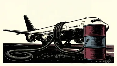 An editorial illustration showing a commercial airplane constrained by a thick fuel hose connected to a large oil drum, representing the impact of high fuel costs on flight operations.