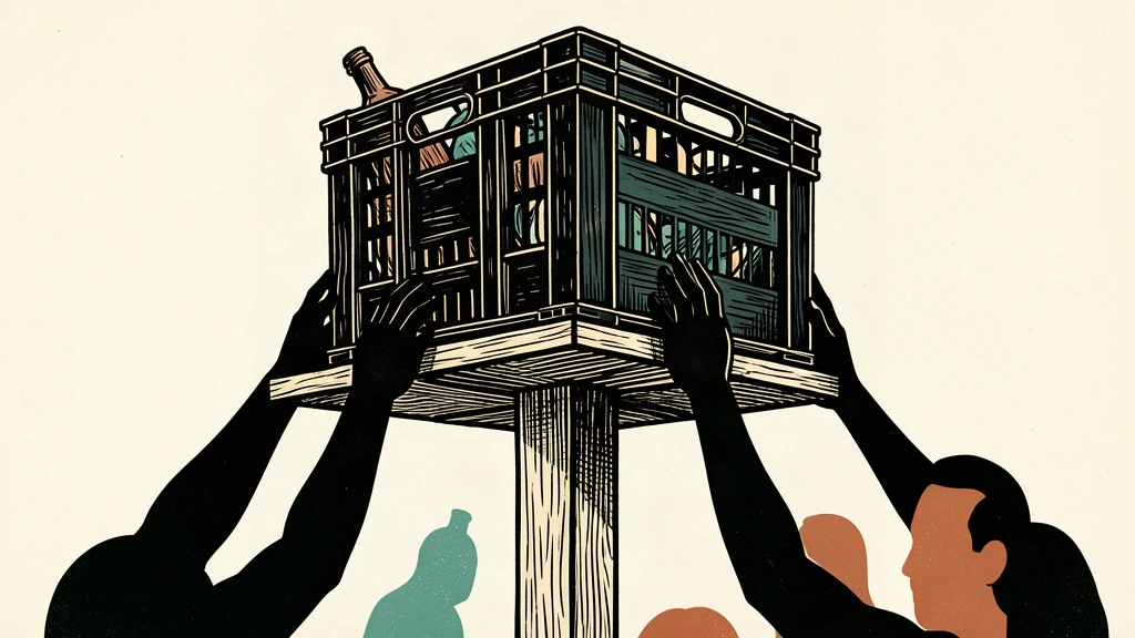An editorial illustration showing anonymous hands lifting a heavy grocery crate onto a high, strained shelf, representing rising labor costs in retail.