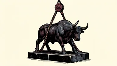 Bullish trading volume growth: a heavy bull sculpture on a platform being hoisted upward by a mechanical pulley.