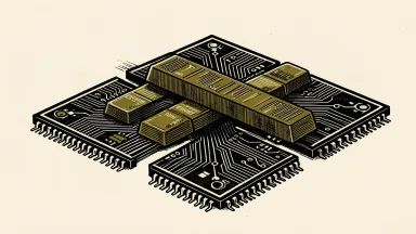 AMD investment in Asia supply chains: a large semiconductor chip with a bridge made of currency bars spanning a gap in its circuitry.