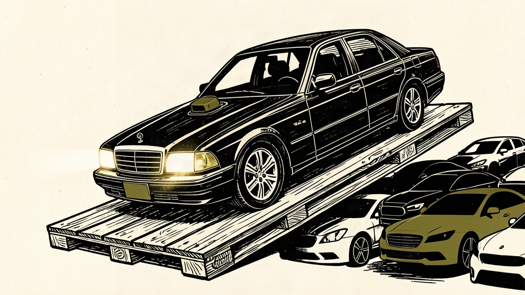 An editorial illustration of a petrol car sliding down a tilting platform toward a dense barrier of competing vehicles, representing price cuts in China.