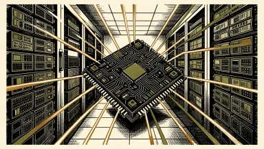 Texas Instruments AI data center telemetry: a central semiconductor chip on a server rack emitting a sharp pulse of light to surrounding components.