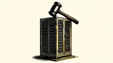 FuelCell Energy facing a class action lawsuit: a heavy gavel rests on top of a large industrial fuel cell unit.