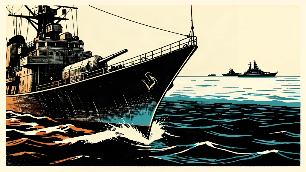 An editorial illustration of a large naval ship bow facing a distant fleet across a wide expanse of water.