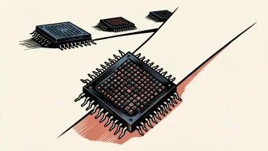 Intel stock sliding and underperforming peers: a single microchip slides down a steep slope while other chips remain on a high, level surface.