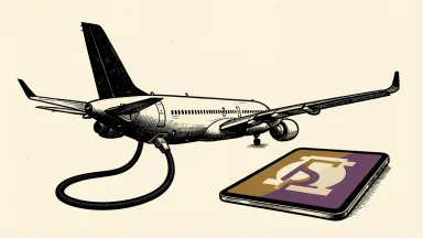 Southwest Airlines launches a ChatGPT plugin: a commercial jet connected to a large blank digital tile by a thick data cable.