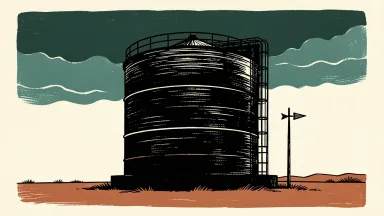 Chevron onshore site with a storage tank and wind vane under a stormy sky.