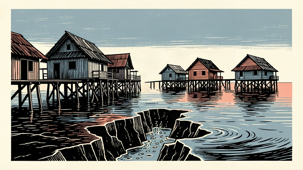 An editorial illustration of an earthquake rupture beneath a coastal village in Indonesia, showing the tremor's origin while the structures above remain standing.