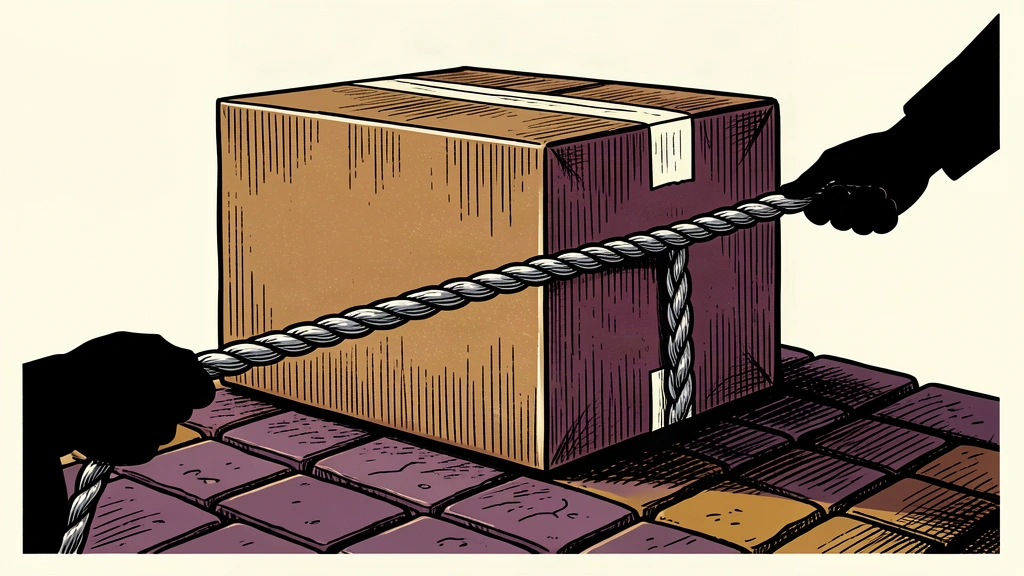 A large shipping box is secured to a stone pier by a thick silver rope being pulled by silhouetted hands.