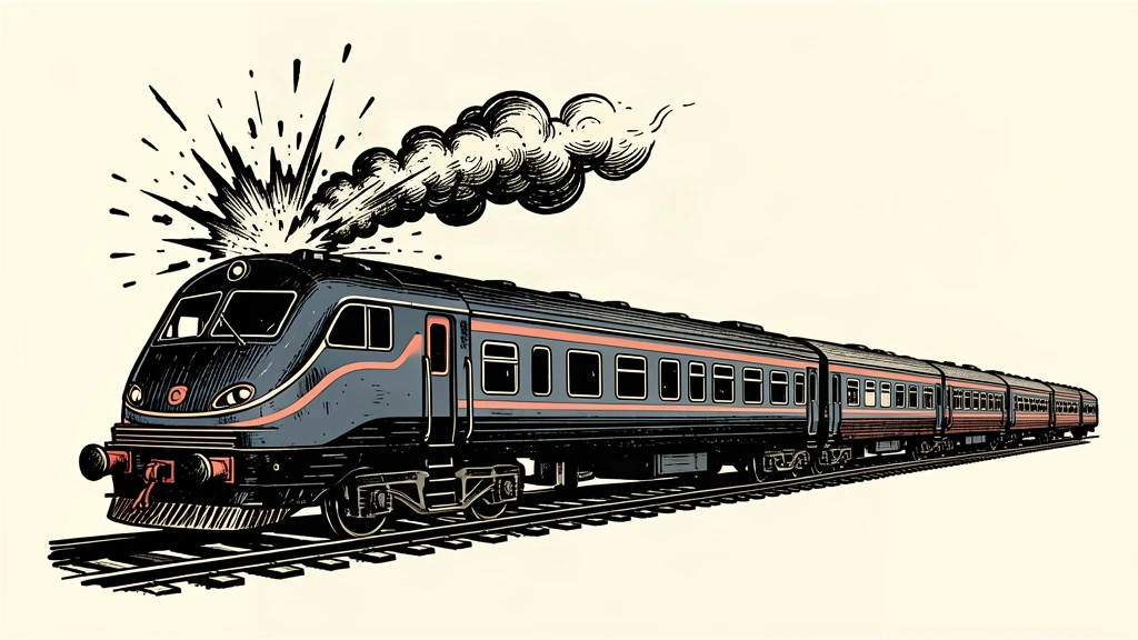 An editorial illustration of a passenger train on tracks with a single impact burst on its roof.