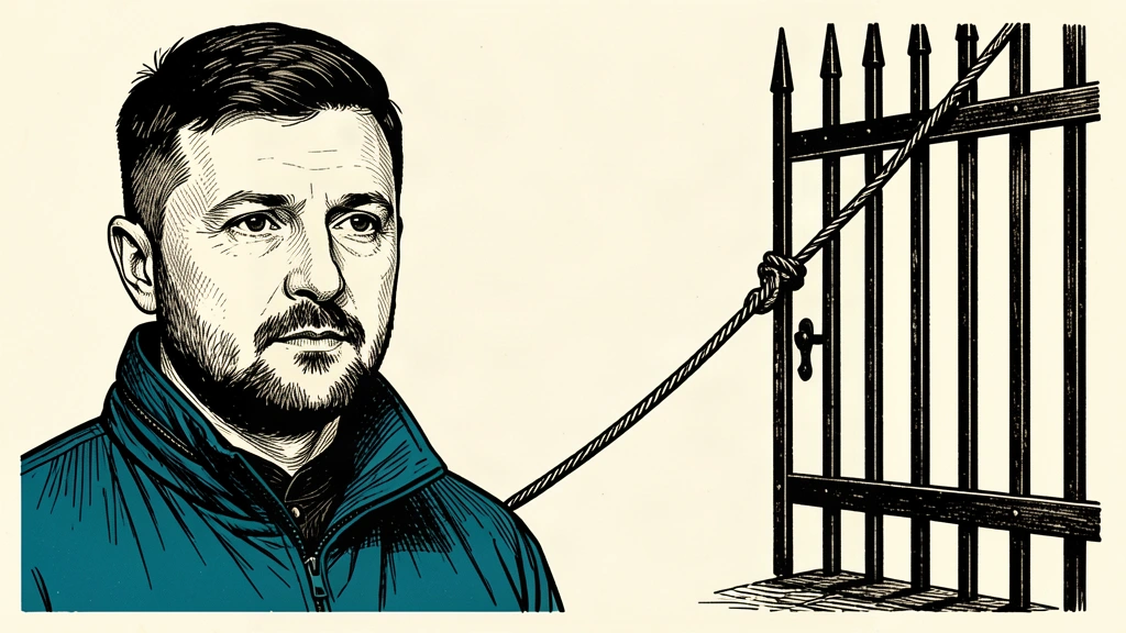 A portrait of Zelensky next to a heavy iron gate that is beginning to open, representing a conditional offer of de-escalation. Identity photo references adapted into illustration: President Of Ukraine from Україна (CC0; http://creativecommons.org/publicdomain/zero/1.0/deed.en); source https://commons.wikimedia.org/wiki/File:2025_Volodymyr_Zelenskyy_(cropped).jpg