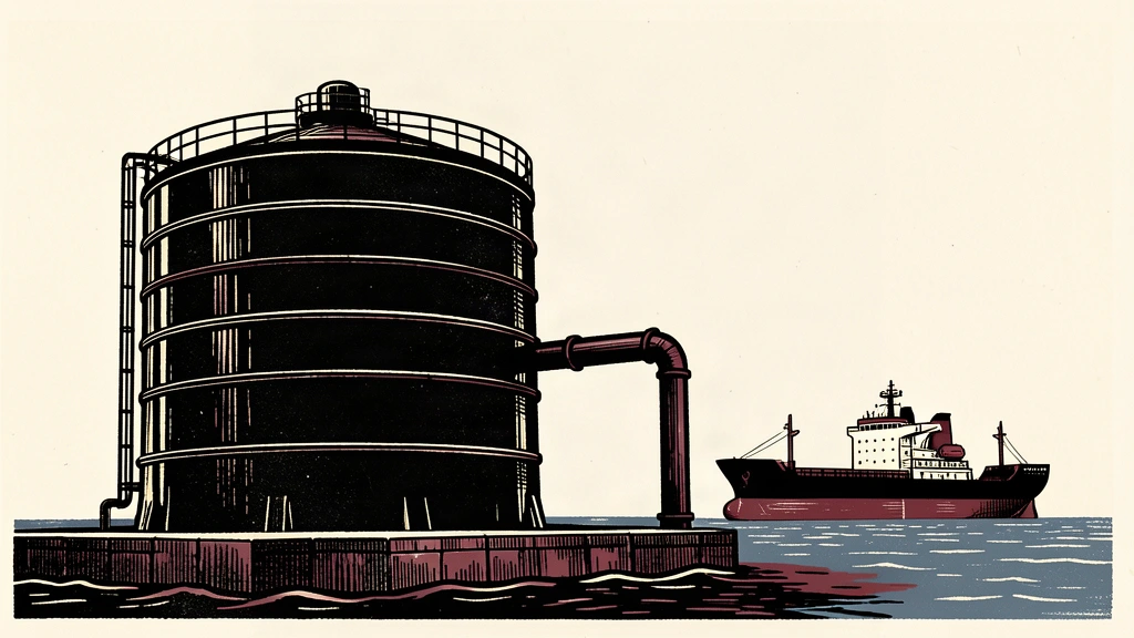 A large oil storage tank on a coast is connected by a thick pipeline to a distant cargo ship, representing a new strategic reserve.