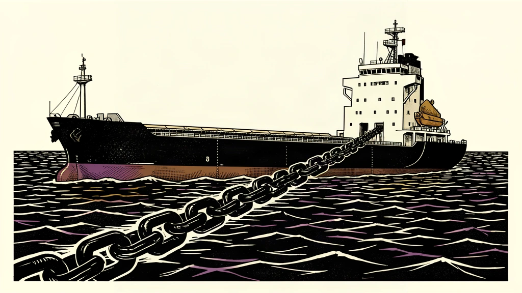 An editorial illustration of a large cargo ship blocked by a heavy black chain rising from the sea, representing a maritime restricted area.