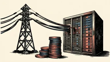 Kentucky Power and TeraWulf finalize an agreement: thick power lines connect a transmission tower to a server rack, with a stack of coins in the foreground.