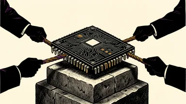 Oracle seeking chip financing: a large computer chip on a stone pedestal is secured by thick ropes held by anonymous hands.