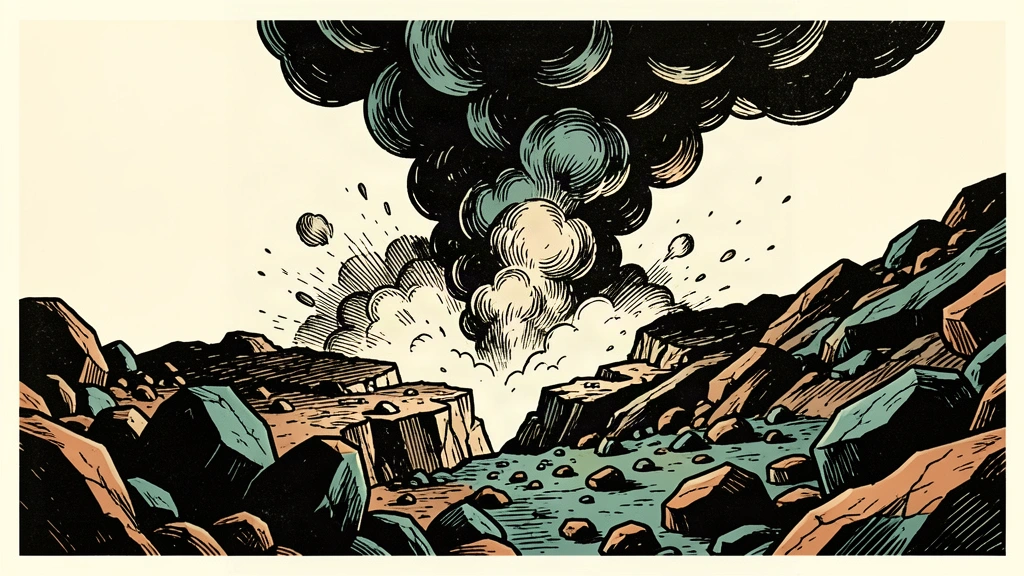 An editorial illustration showing a massive rupture in a rocky landscape with thick smoke rising from the fissure.