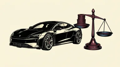 Tesla Roadster prototype beside a balance scale: a sleek electric car next to a scale with a stack of coins representing the debated Anthropic valuation.