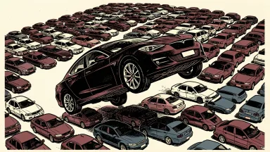 Tesla Roadster shifting focus from the mainstream: a sleek sports car pulls a wheelie, ascending away from a grid of identical commuter cars.