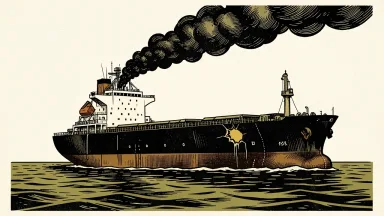 The crude oil tanker MT ST 3 damaged in the Strait of Hormuz: a large vessel with a dark smoke plume rising from a rupture in its hull.