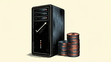 Applied Digital's server tower stands beside a rising coin stack, representing revenue growth.