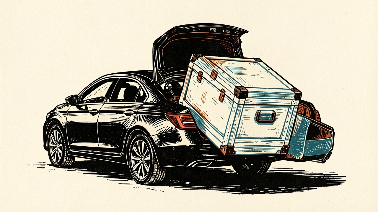 Uber acquires ezCater: a sleek sedan receiving a massive industrial catering carrier into its open trunk.