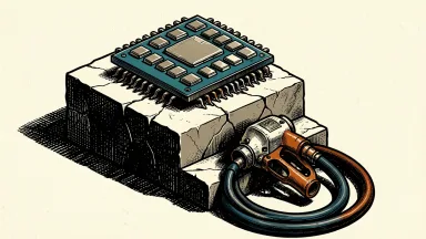 Nvidia reaches a record high amid rising fuel costs: a large microchip sits on a high stone step above a heavy fuel nozzle on a lower level.