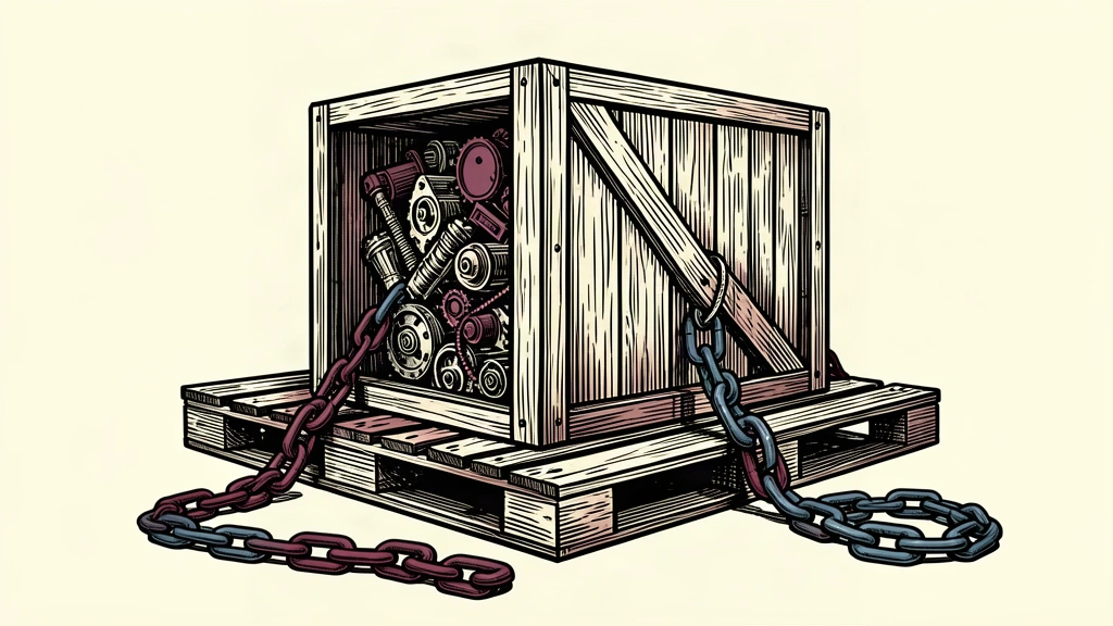 A large shipping crate filled with mechanical parts sits with its heavy binding chains lying slack and open on the floor.