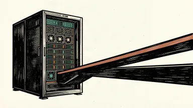 A heavy server rack is supported by a massive solid bridge extending from the side.