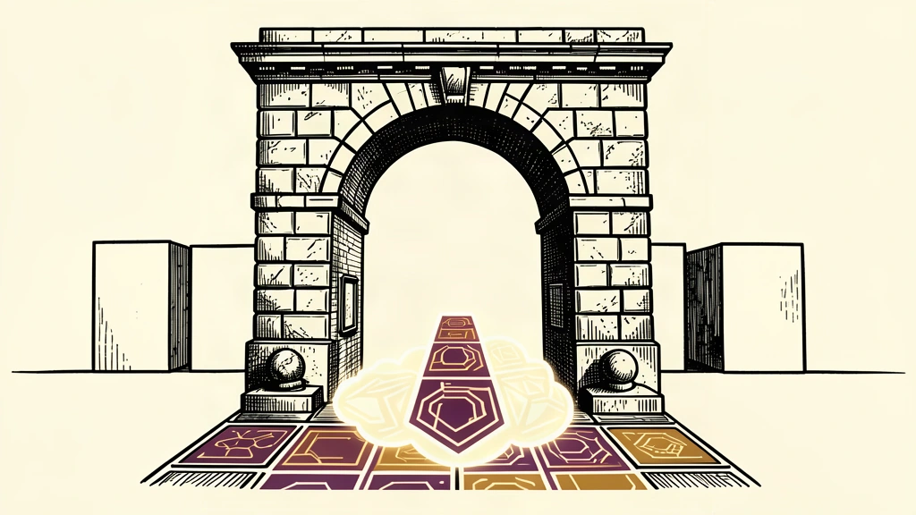 An illustration of geometric tiles being moved through a massive stone archway by a cloud-like structure.
