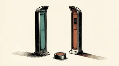 Evolv Technologies security screening at Climate Pledge Arena: two modern vertical sensor pillars stand on an arena floor next to a hockey puck.