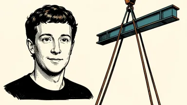 Meta's enterprise AI expansion: Mark Zuckerberg beside a heavy industrial steel girder being hoisted into place. Identity photo references adapted into illustration: Jeff Sainlar; Social Producer and Editor, Meta (CC BY-SA 4.0; https://creativecommons.org/licenses/by-sa/4.0); source https://commons.wikimedia.org/wiki/File:Mark_Zuckerberg_(2025)_(cropped).jpg